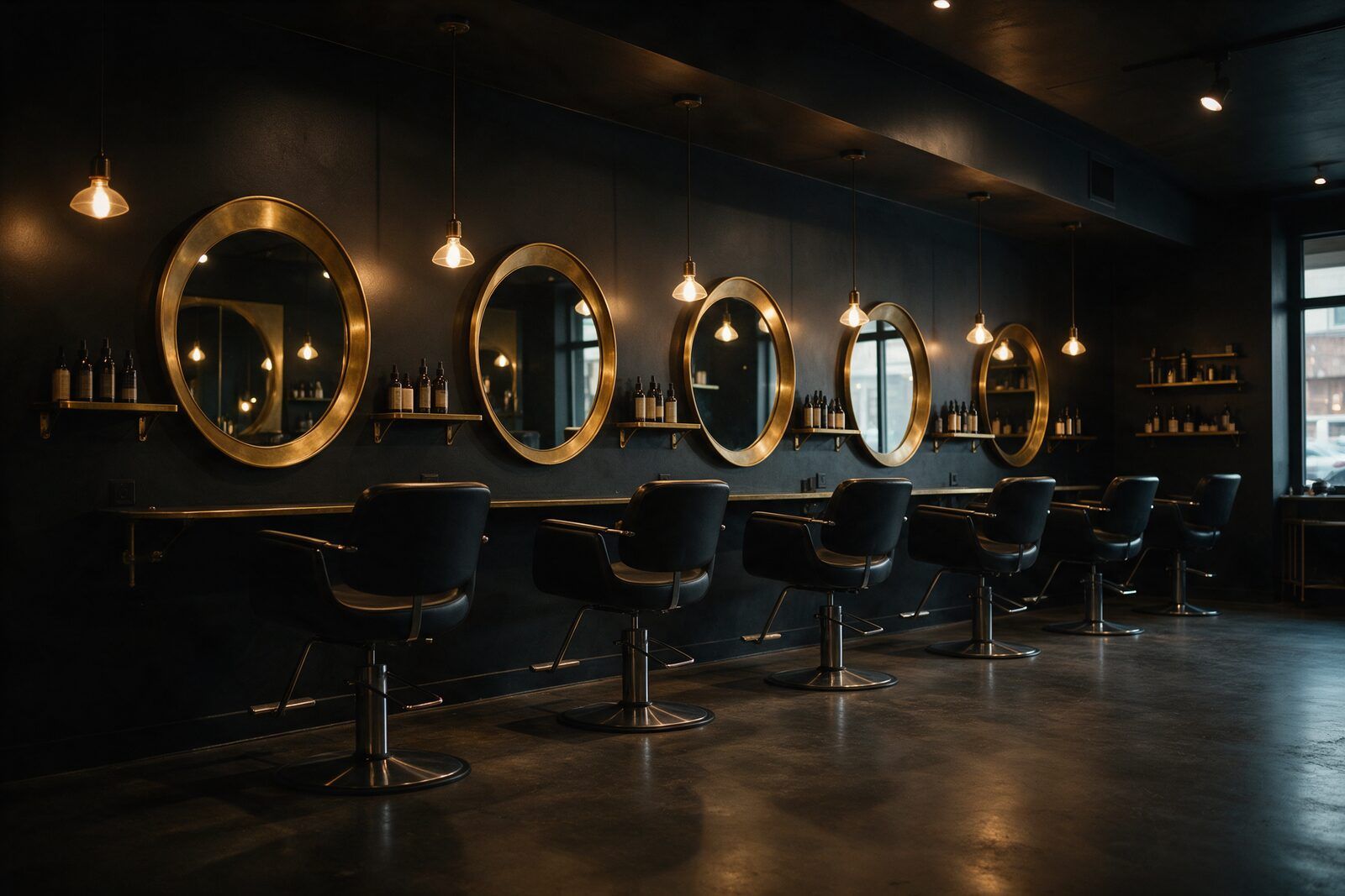 Akşam ışığında koyu salon: pirinç çerçeveli yuvarlak aynalar, siyah deri koltuklar